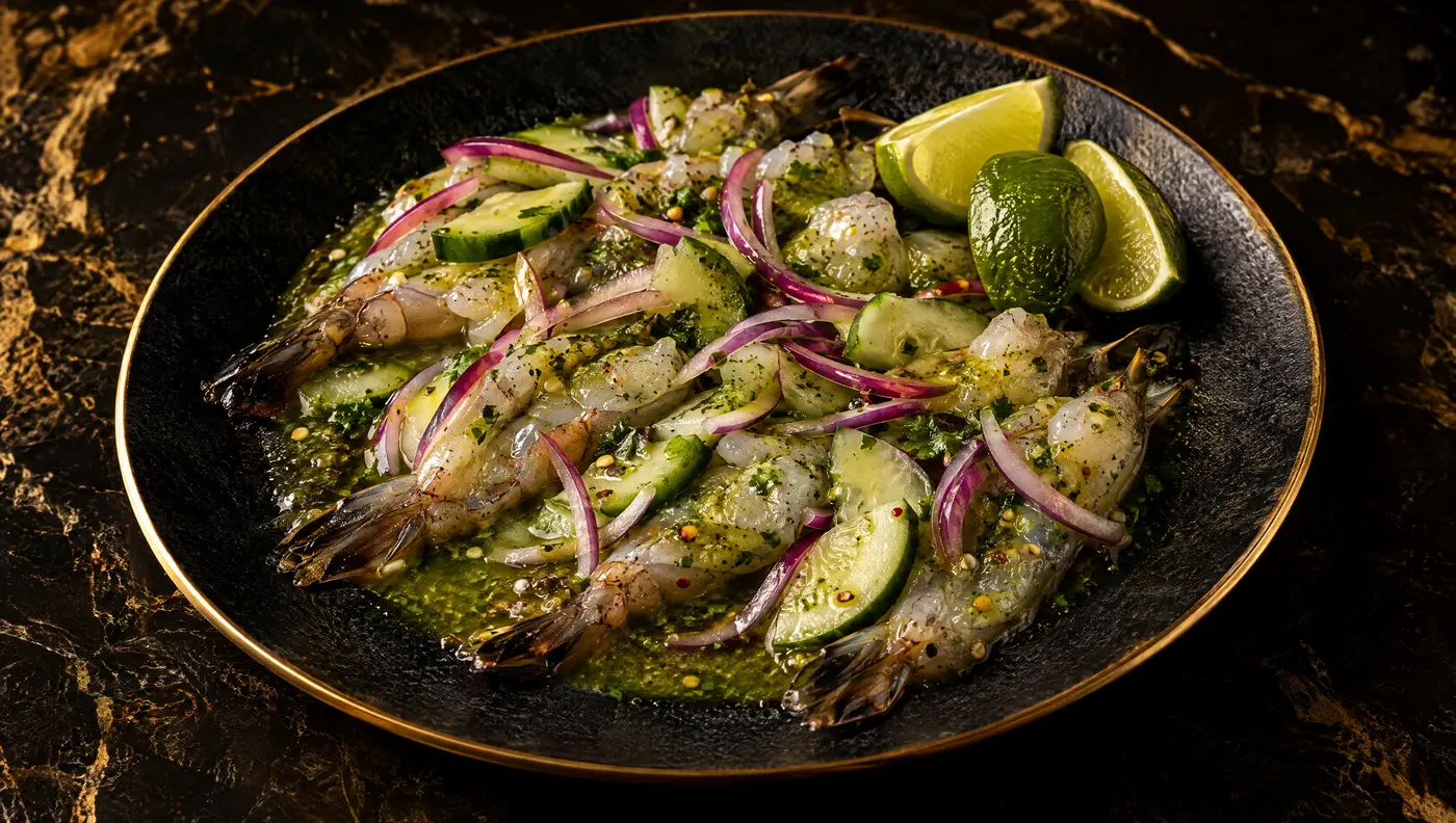 Aguachile verde de camarón con pepino, cebolla morada y limón, en plato negro con filo dorado